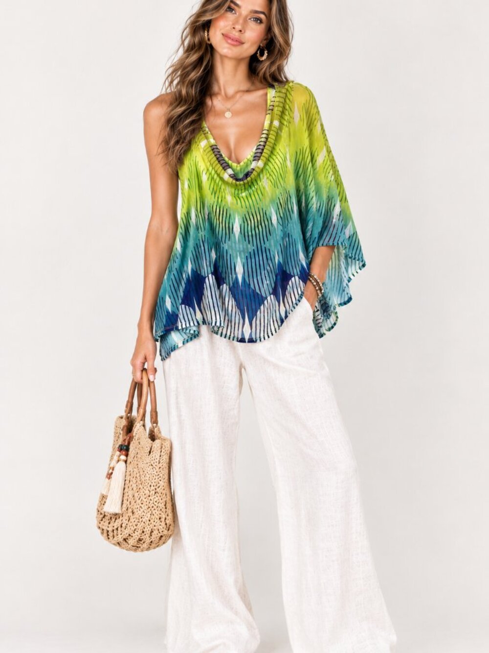 New Vertigo Blue Lime One Sleeve Draped V-Neck Chiffon Blouse Top